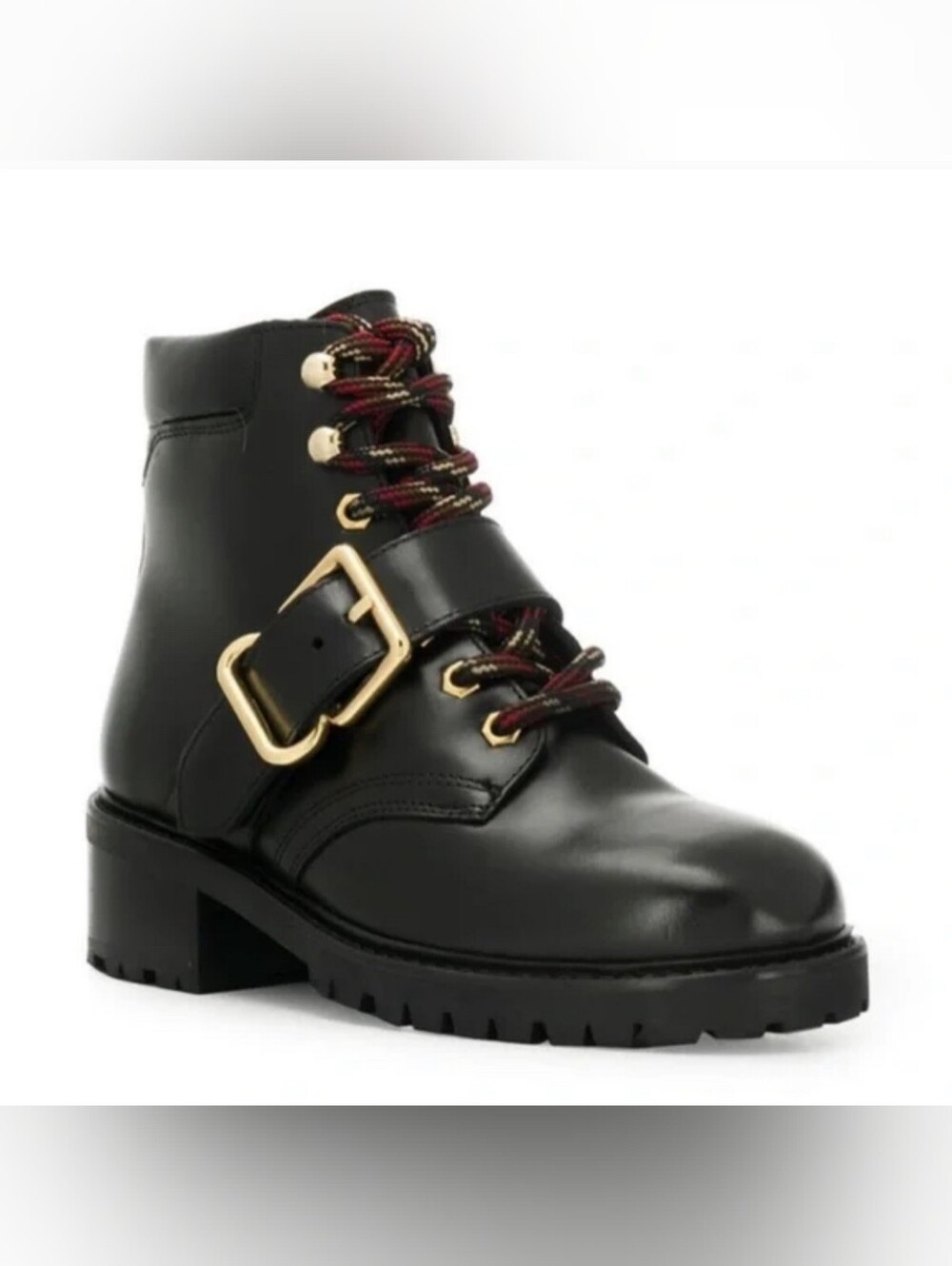 Sandro Black Lace-Up Leather Combat Boots  W Buckle